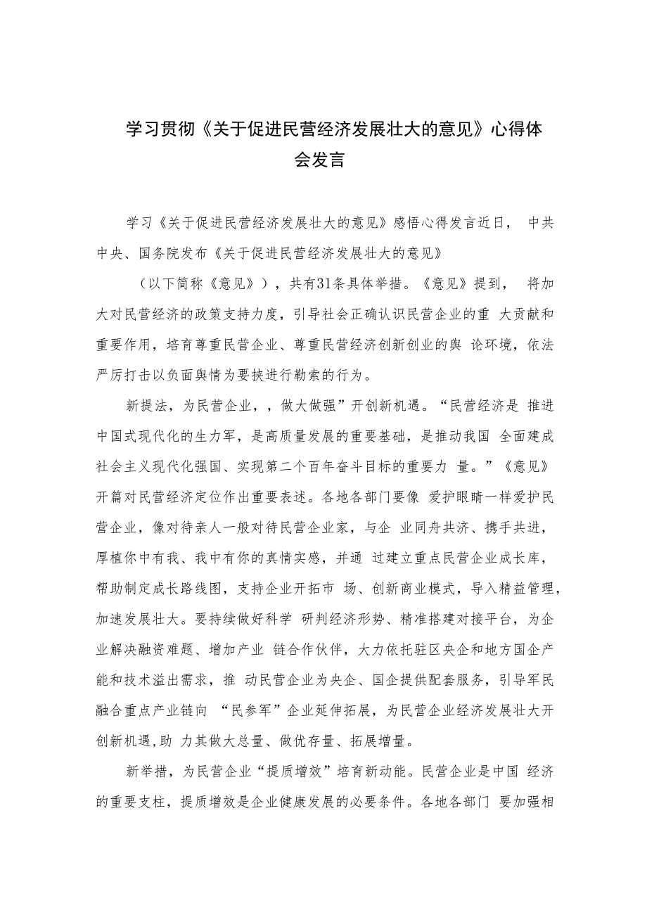 2023学习贯彻《关于促进民营经济发展壮大的意见》心得体会发言精选10篇.docx_第1页