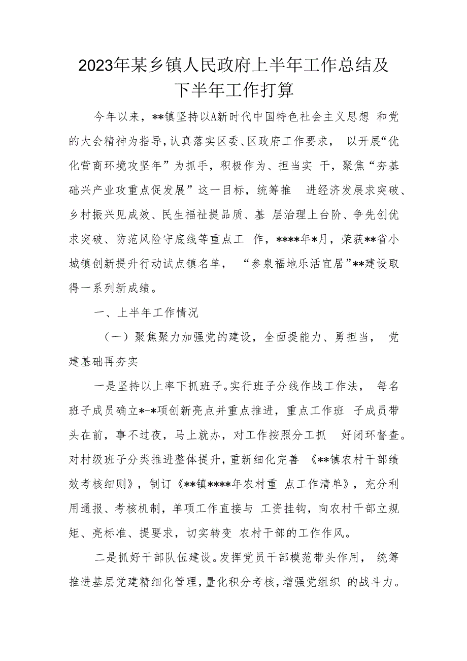 2023年某乡镇人民政府上半年工作总结及下半年工作打算.docx_第1页