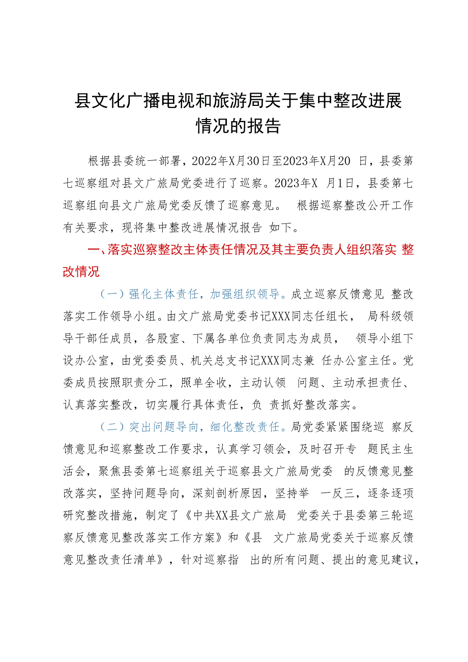 县文化广播电视和旅游局关于集中巡察整改进展情况的报告.docx_第1页