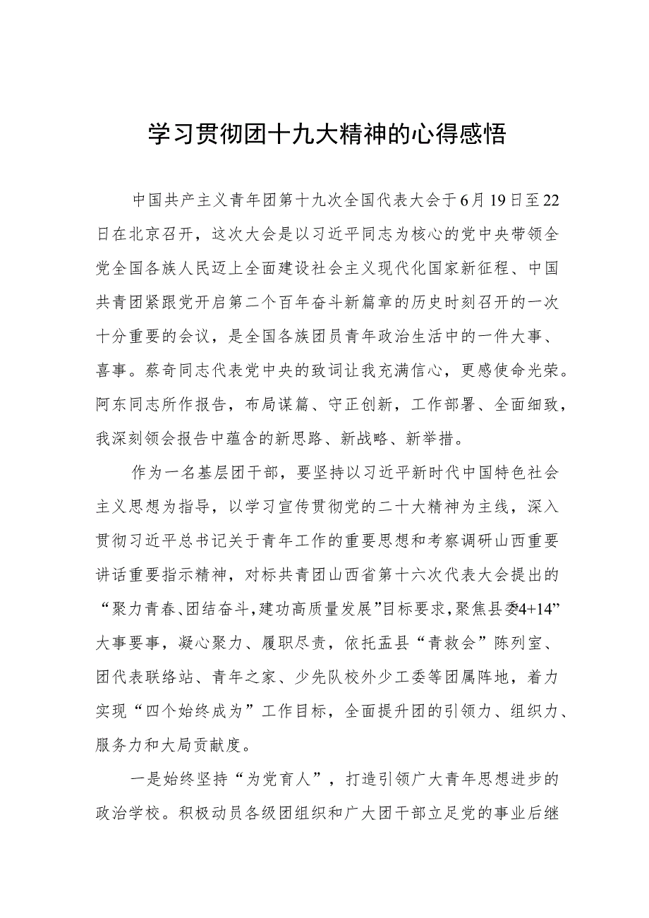 学习中国共产主义青年团第十九次全国代表大会报告心得体会七篇.docx_第1页