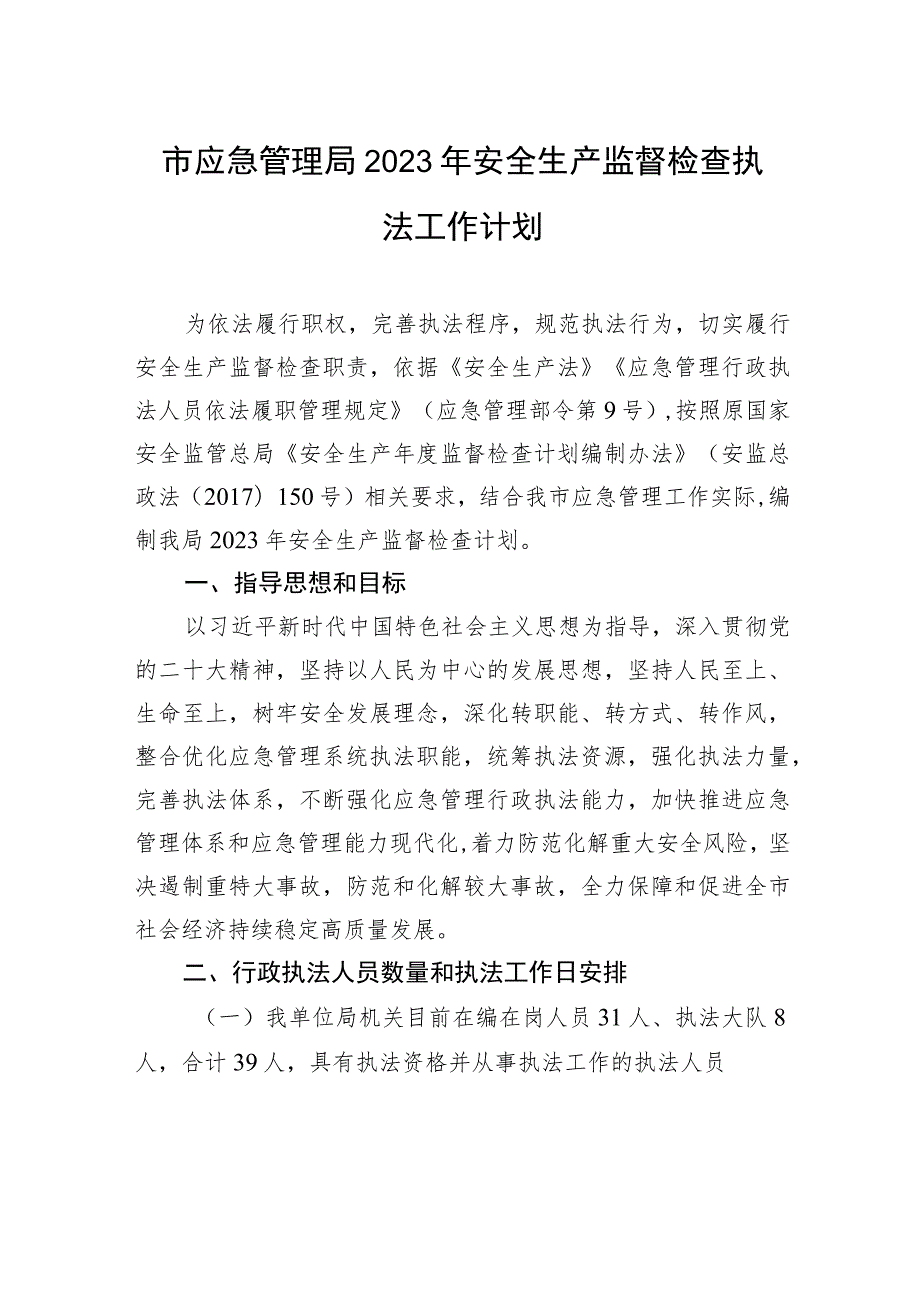 市应急管理局2023年安全生产监督检查执法工作计划.docx_第1页