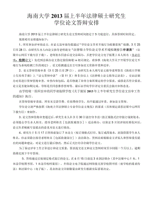 海南大学2013届上半年法律硕士研究生学位论文答辩安排.docx