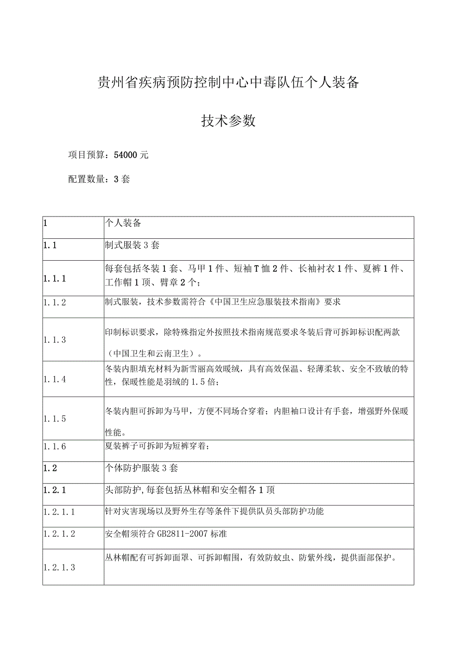 贵州省疾病预防控制中心中毒队伍个人装备技术参数.docx_第1页