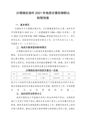 沙埕镇后港村2021年地质灾害防御群众转移预案.docx