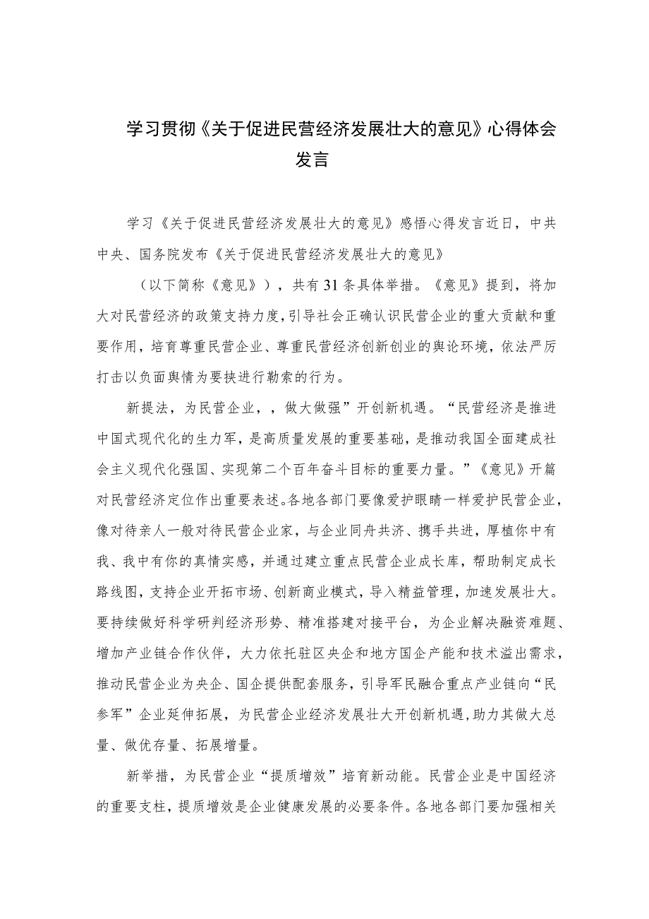 2023学习贯彻《关于促进民营经济发展壮大的意见》心得体会发言（共10篇）.docx_第1页