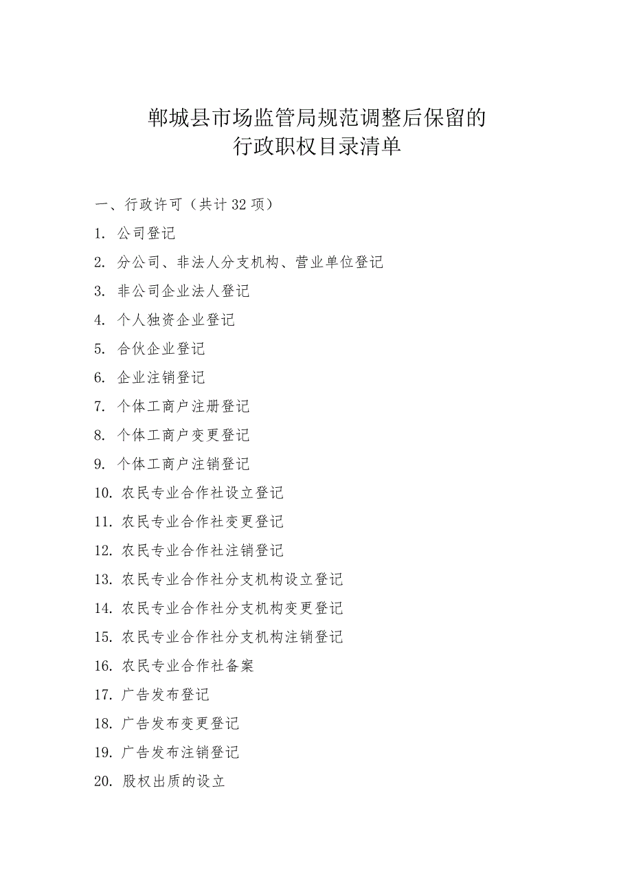 郸城县市场监管局规范调整后保留的行政职权目录清单.docx_第1页