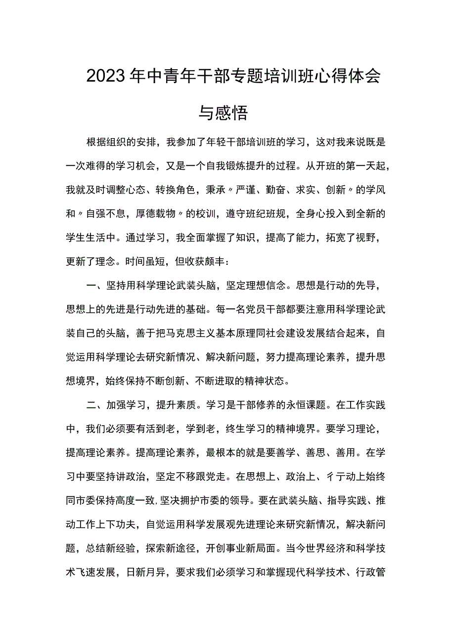 2023年中青年干部专题培训班心得体会与感悟.docx_第1页