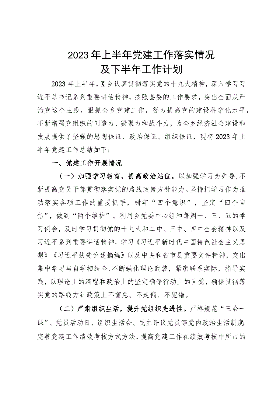 2023年上半年党建工作落实情况及下半年计划.docx_第1页