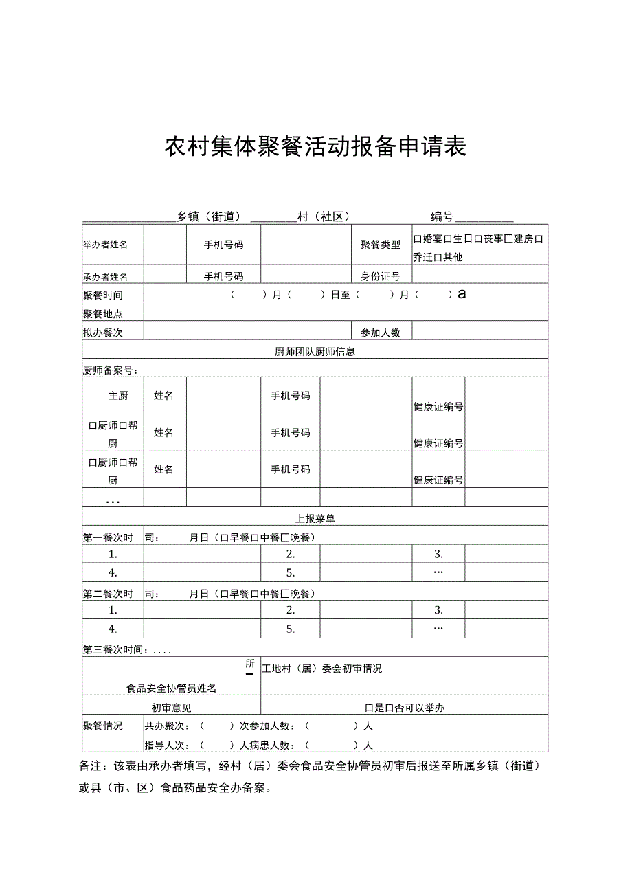 农村集体聚餐活动报备申请表、食品安全责任协议、风险提示、责任承诺书、现场检查指导记录表、统计表.docx_第2页