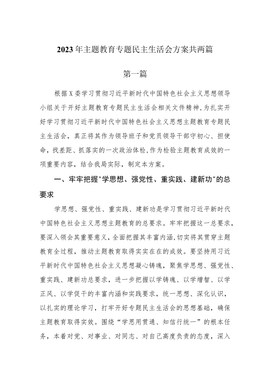 2023年主题教育专题民主生活会方案共两篇.docx_第1页