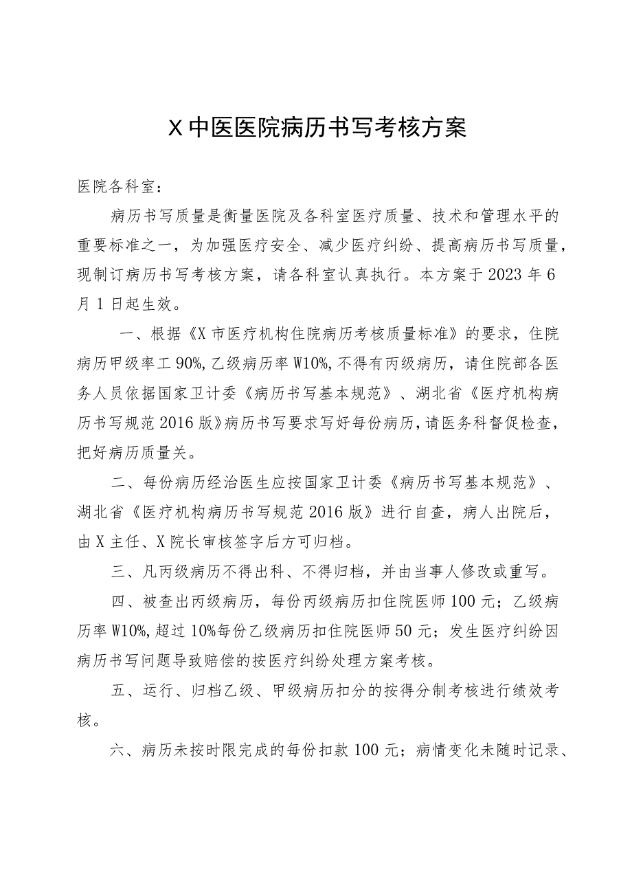 X中医医院病历书写考核方案.docx_第1页