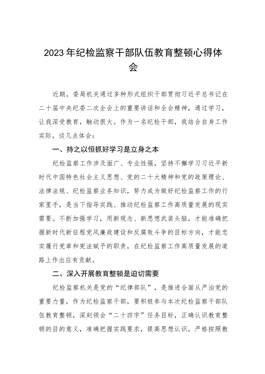 2023纪检监察干部队伍教育整顿活动心得体会材料两篇.docx_第1页