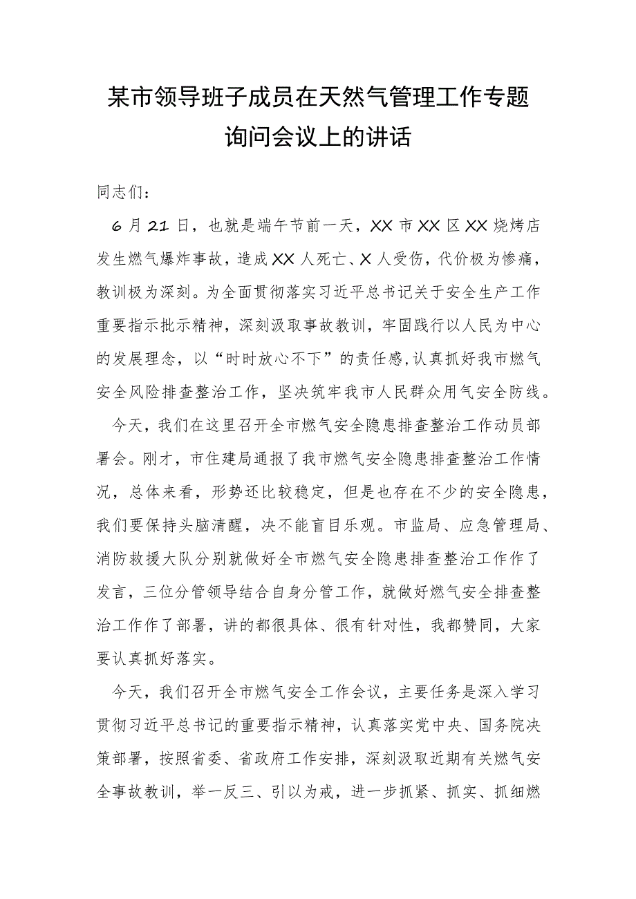 某市领导班子成员在天然气管理工作专题询问会议上的讲话.docx_第1页