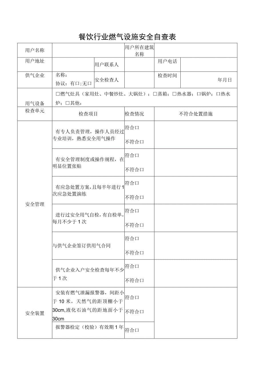 餐饮行业燃气设施安全自查表（隐患排查）.docx_第1页