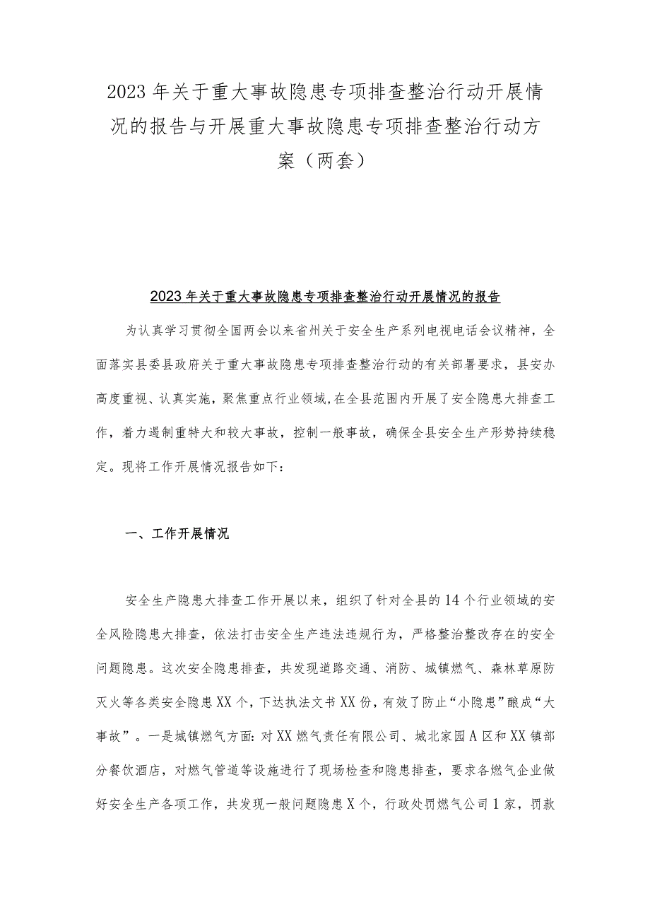 2023年关于重大事故隐患专项排查整治行动开展情况的报告与开展重大事故隐患专项排查整治行动方案（两套）.docx_第1页