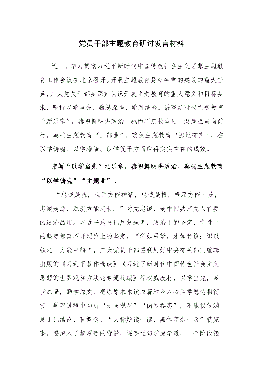 2023年党员干部主题教育研讨发言材料范文.docx_第1页