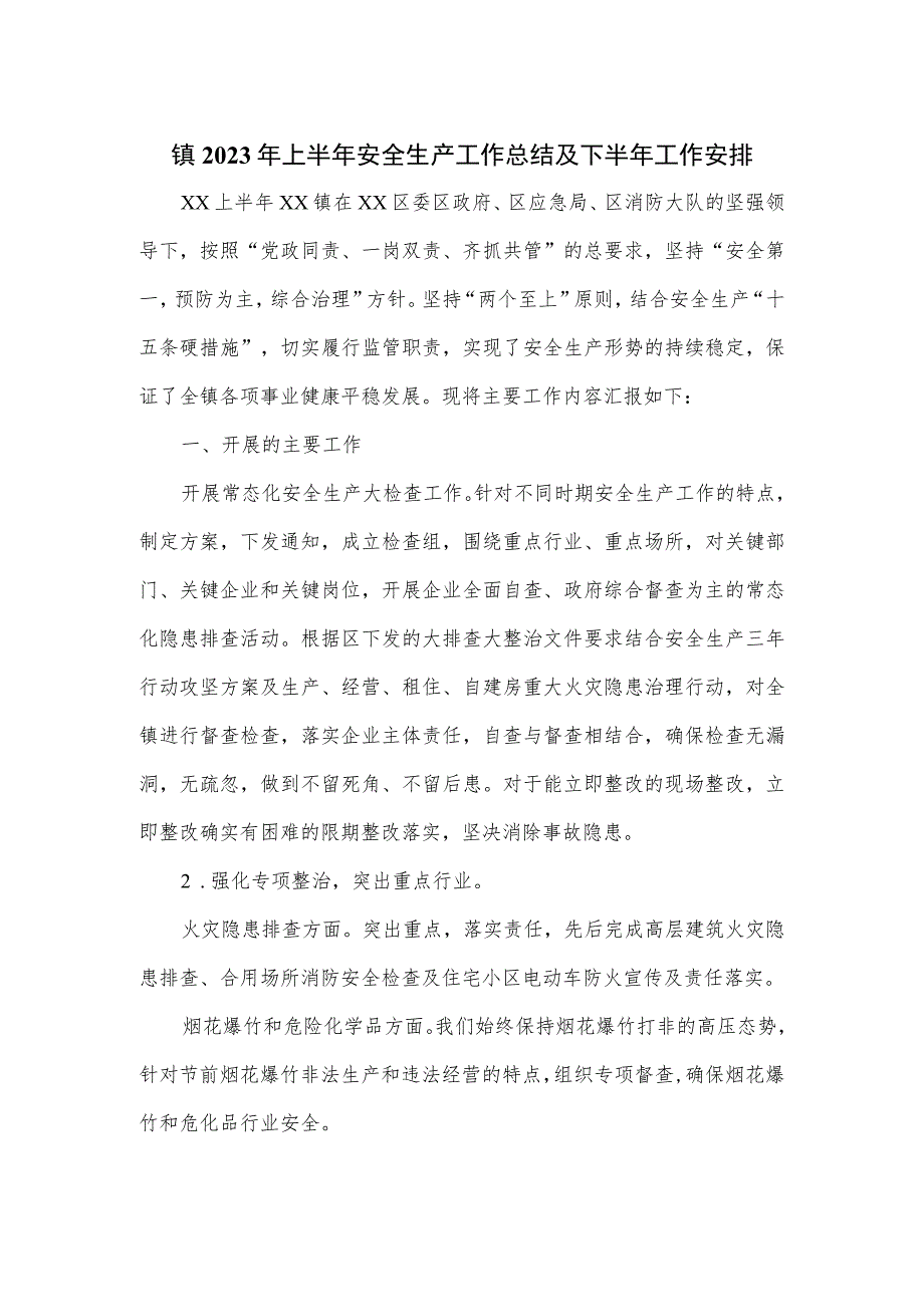 乡镇2023年上半年安全生产工作总结及下半年工作安排.docx_第1页