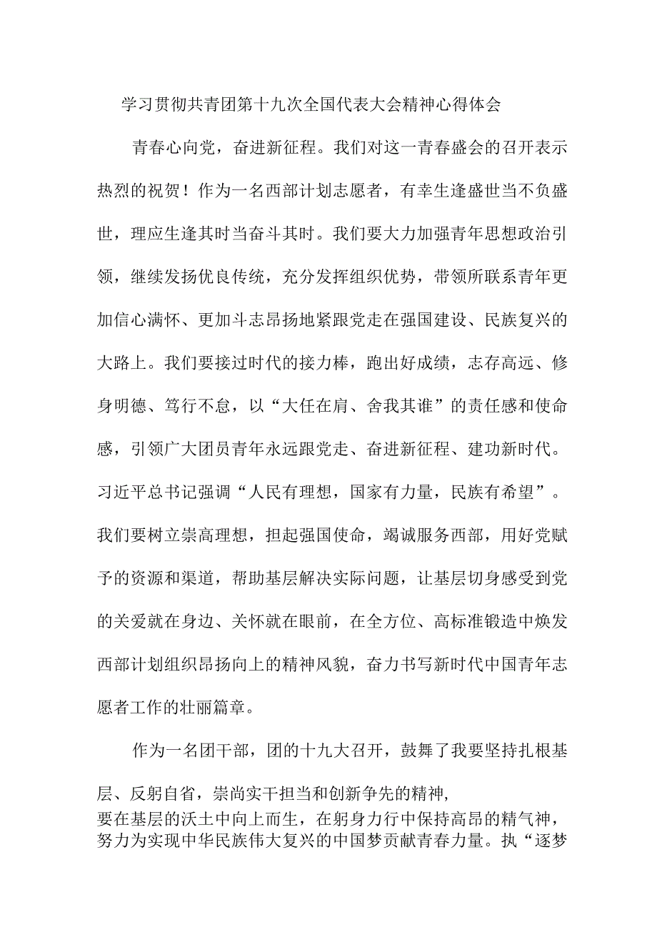 青年干部学习贯彻共青团第十九次全国代表大会精神个人心得体会 （5份）.docx_第1页