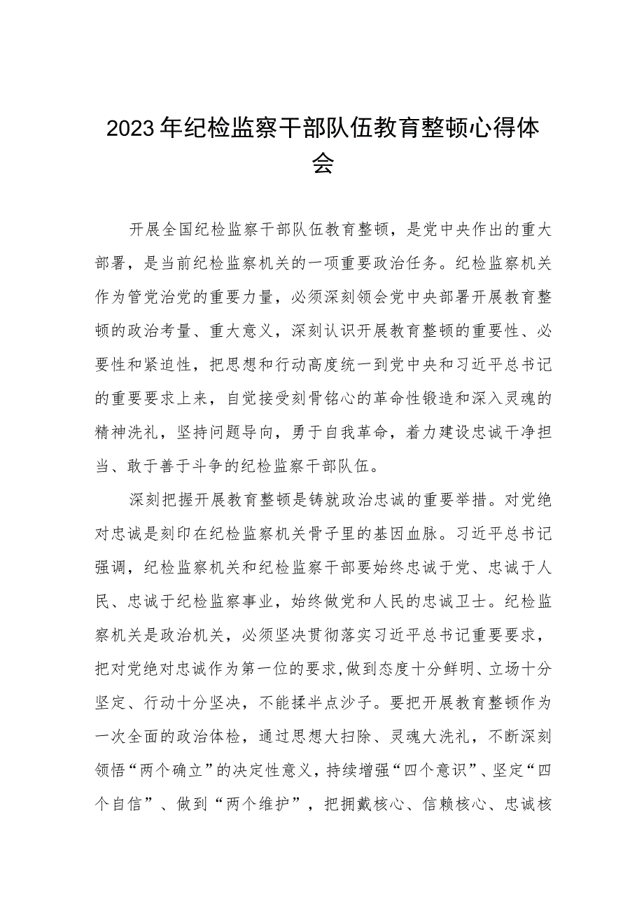 《2023年纪检监察干部队伍教育整顿》心得体会两篇.docx_第1页