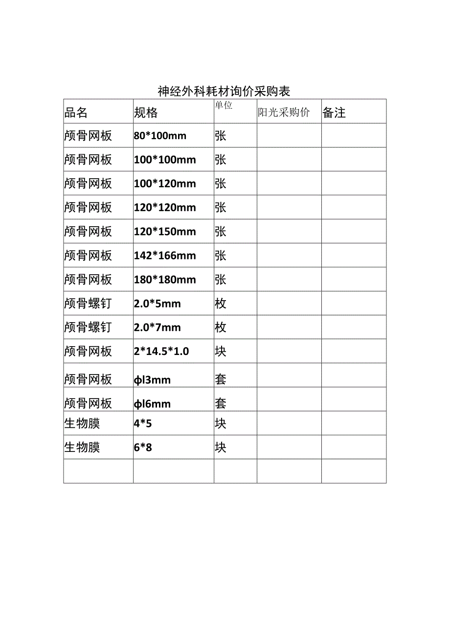 神经外科耗材询价采购表.docx_第1页