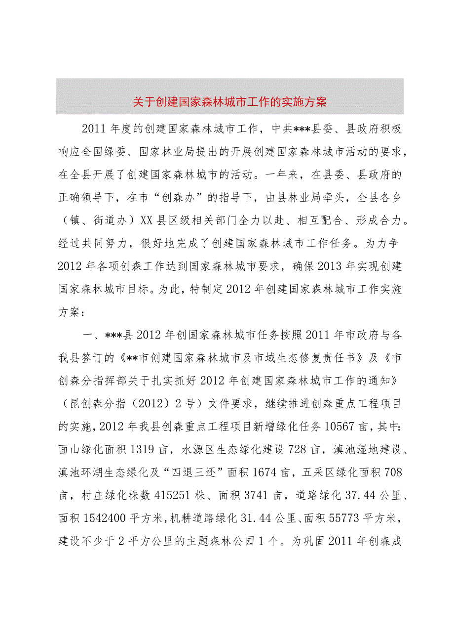 【精品文档】关于创建国家森林城市工作的实施方案（整理版）.docx_第1页