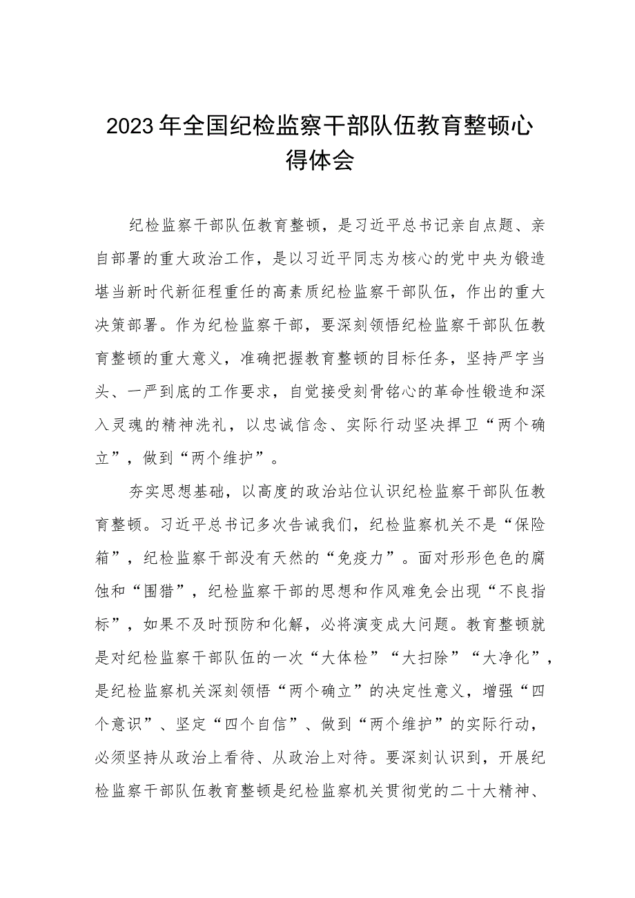 2023纪检监察干部队伍教育整顿的心得感悟两篇.docx_第1页