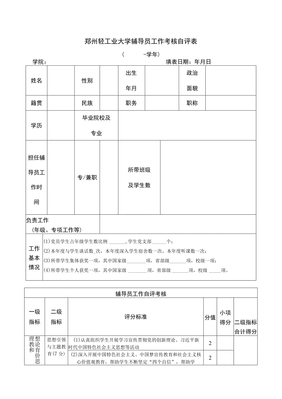 郑州轻工业大学辅导员工作考核自评表.docx_第1页