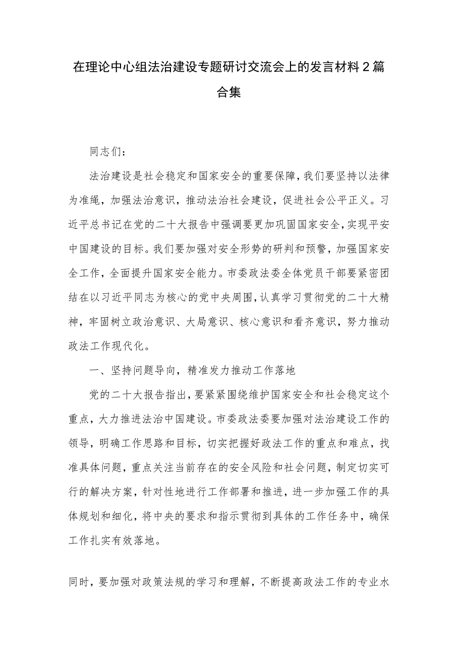 在理论中心组法治建设专题研讨交流会上的发言材料2篇合集.docx_第1页