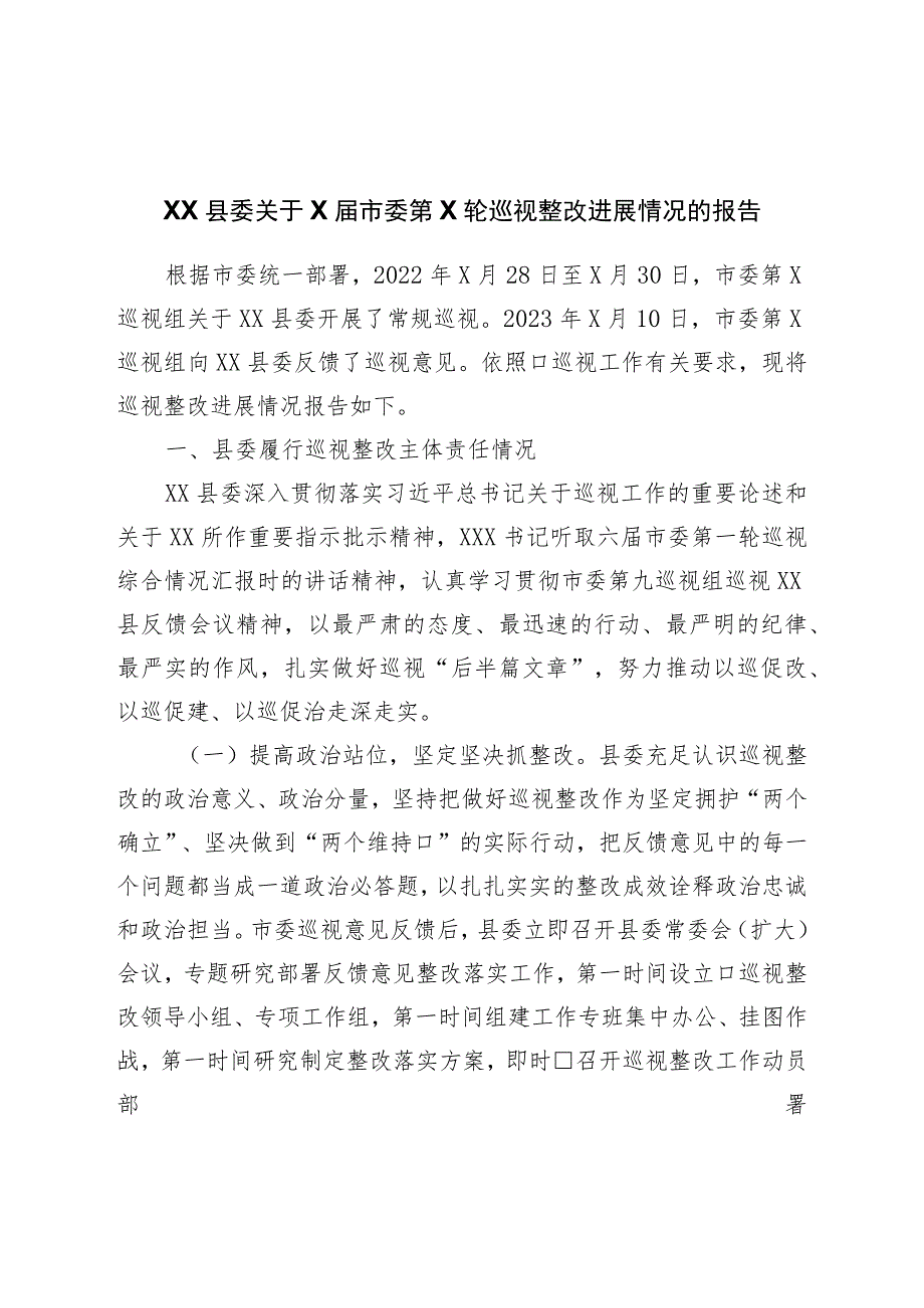 巡视整改进展情况的报告.docx_第1页