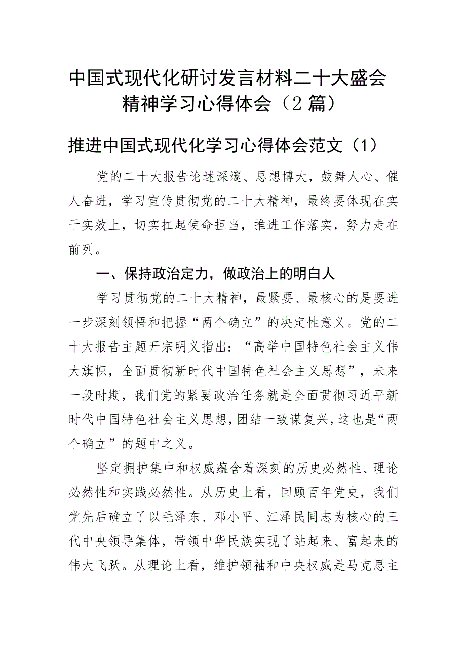 中国式现代化研讨发言材料二十大盛会精神学习心得体会（2篇）.docx_第1页