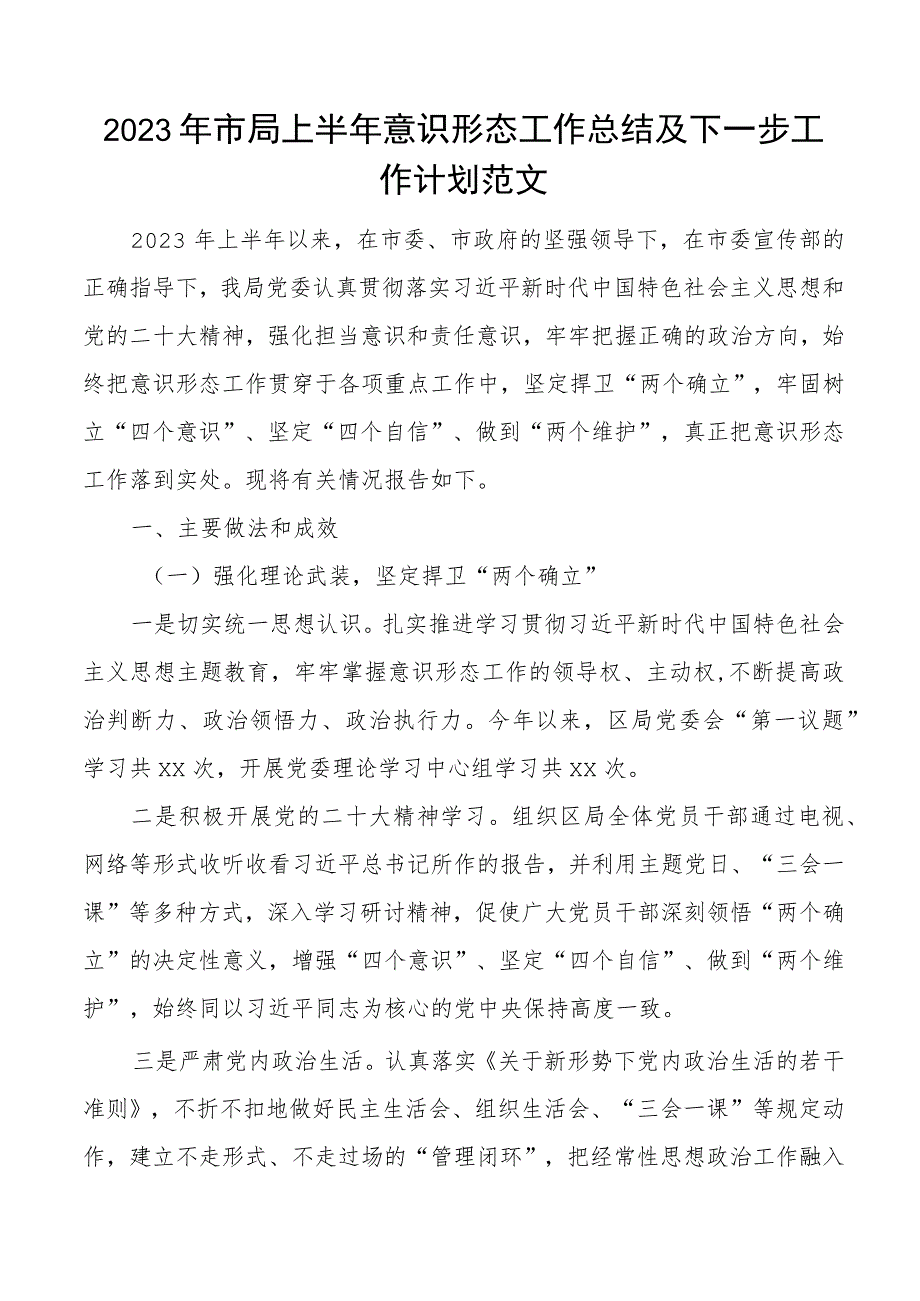 2023年市局上半年意识形态工作总结及下步计划汇报报告.docx_第1页