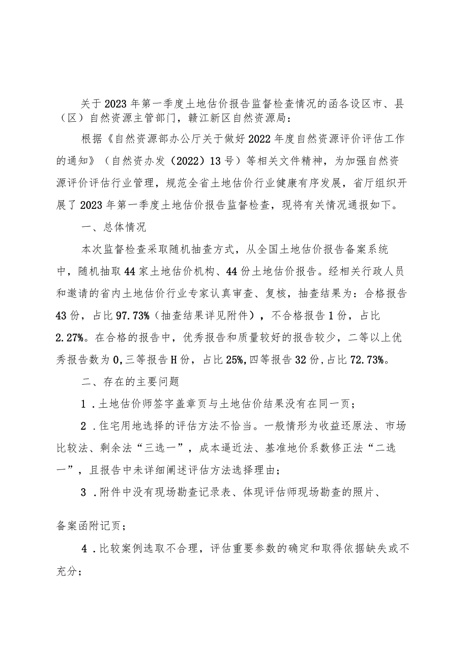 优选关于2023年第一季度土地估价报告监督检查情况的函.docx_第1页