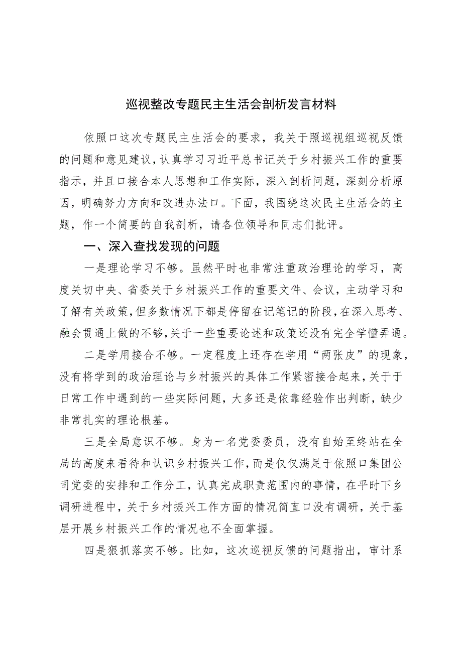 巡视整改专题民主生活会剖析发言材料.docx_第1页