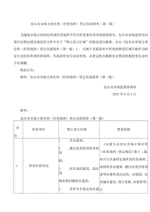 包头市市场主体住所(经营场所)登记负面清单(第一版).docx