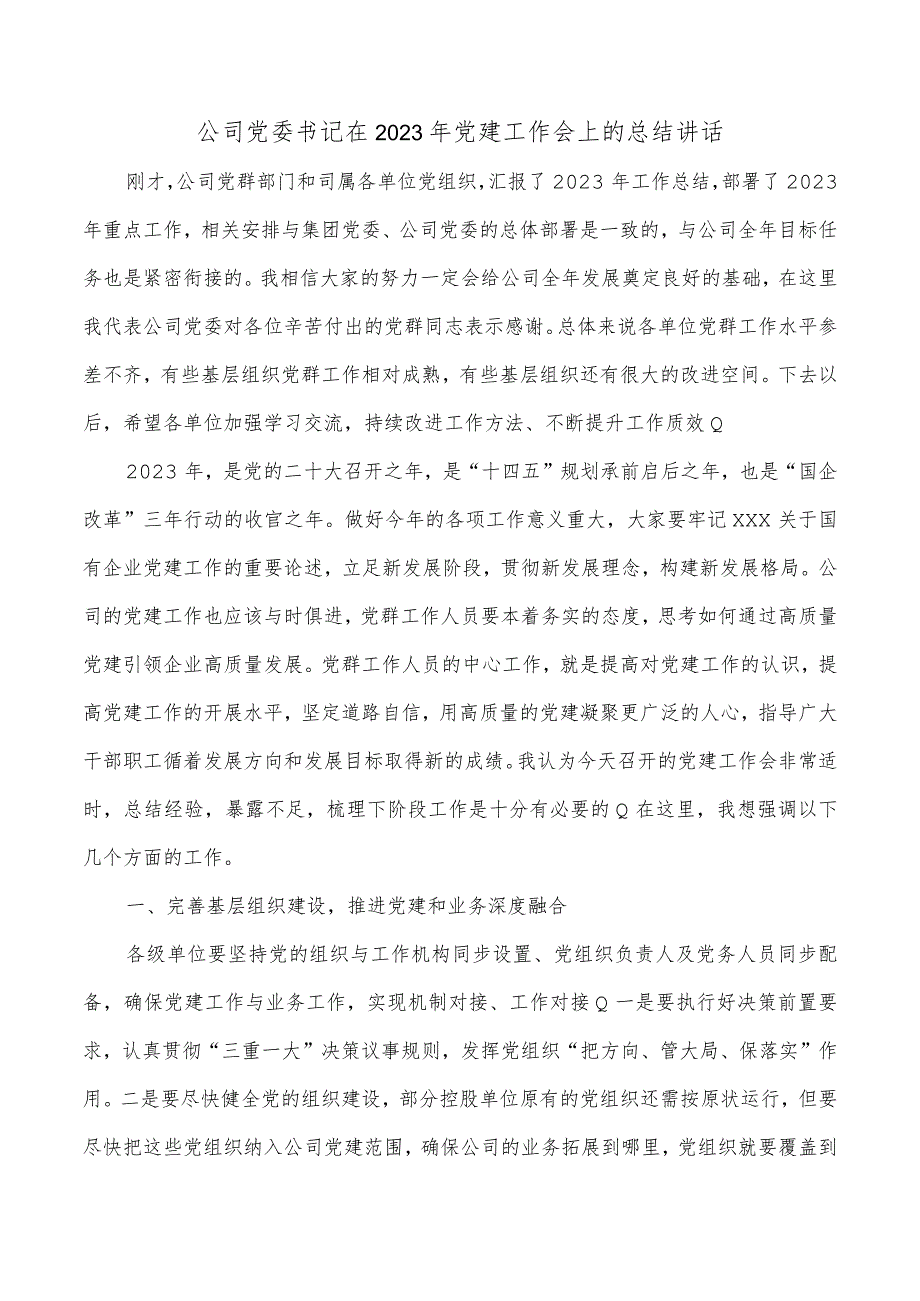 公司党委书记在2023年党建工作会上的总结讲话.docx_第1页