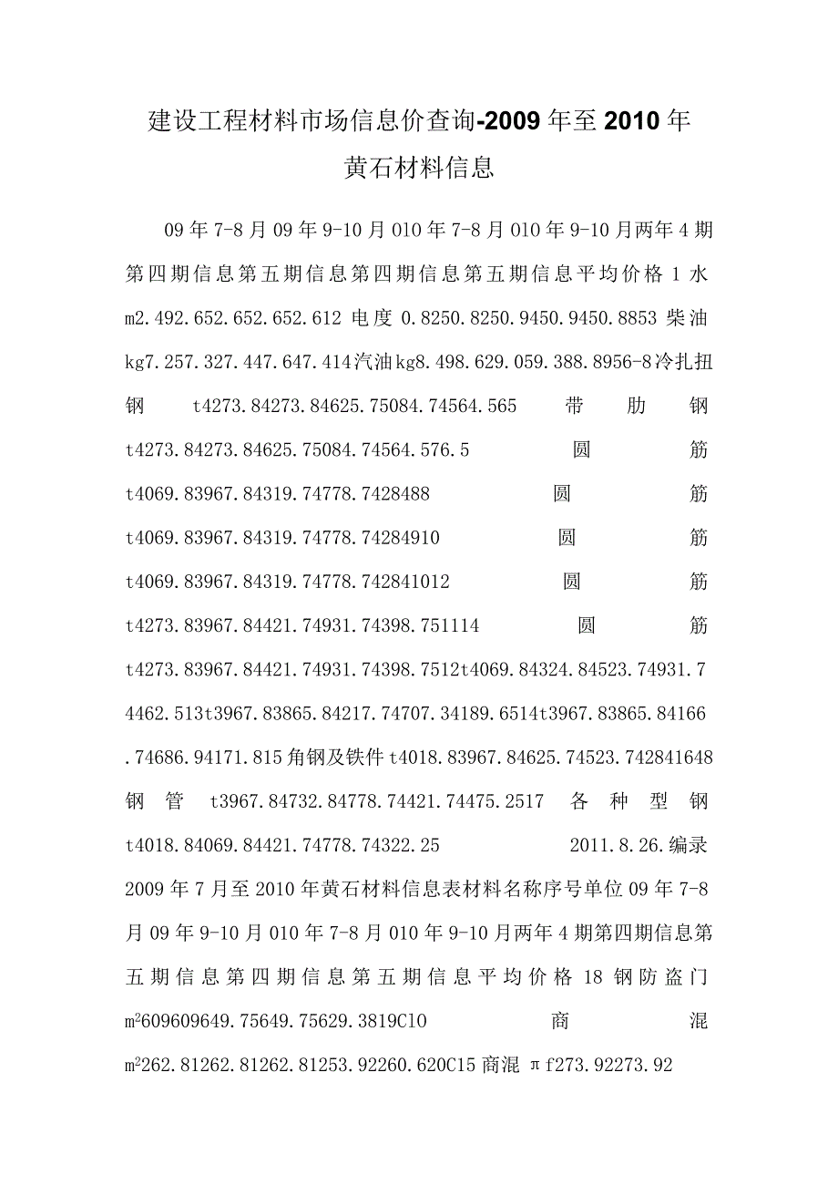 建设工程材料市场信息价查询-2009年至2010年黄石材料信息.docx_第1页