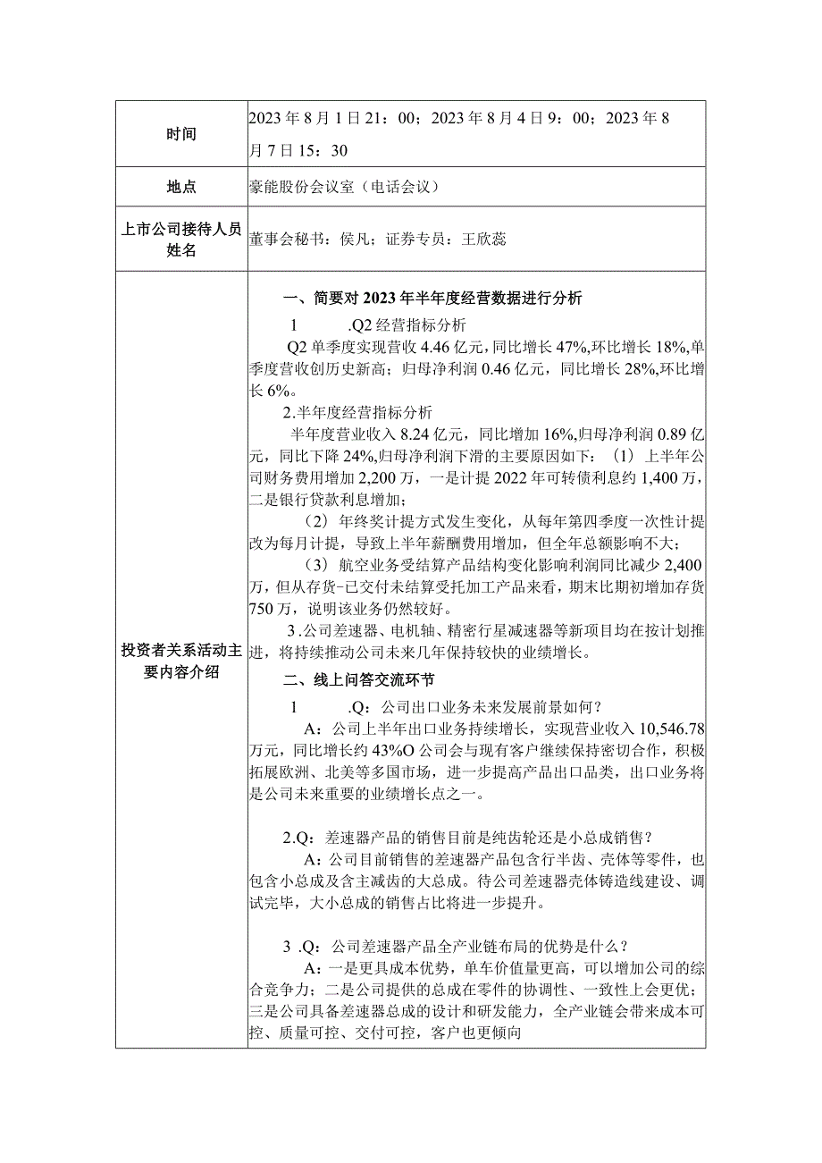 证券代码603809证券简称豪能股份成都豪能科技股份有限公司投资者关系活动记录表.docx_第2页