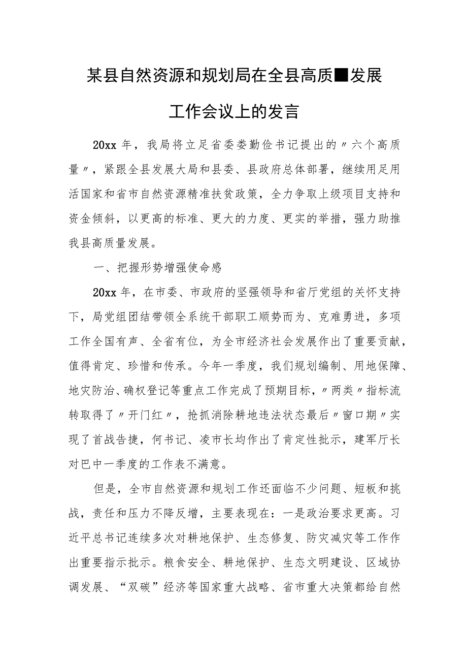 某县自然资源和规划局在全县高质量发展工作会议上的发言.docx_第1页