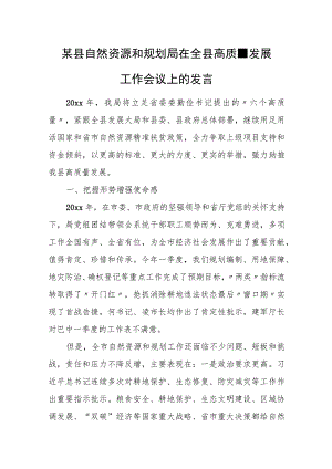 某县自然资源和规划局在全县高质量发展工作会议上的发言.docx