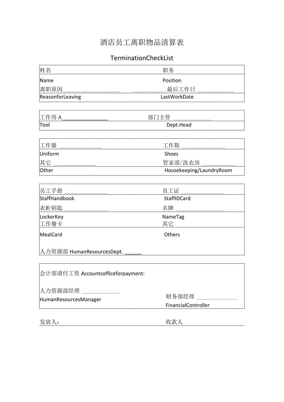 酒店员工离职物品清算表.docx_第1页