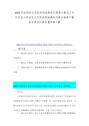 2023年医院院长在医药领域腐败问题集中整治工作动员会上讲话范文与医药领域腐败问题全面集中整治自查自纠报告【两篇文】.docx