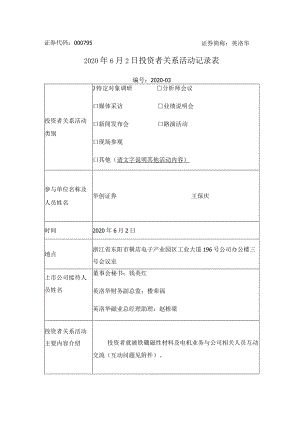 证券代码000795证券简称英洛华2020年6月2日投资者关系活动记录表.docx