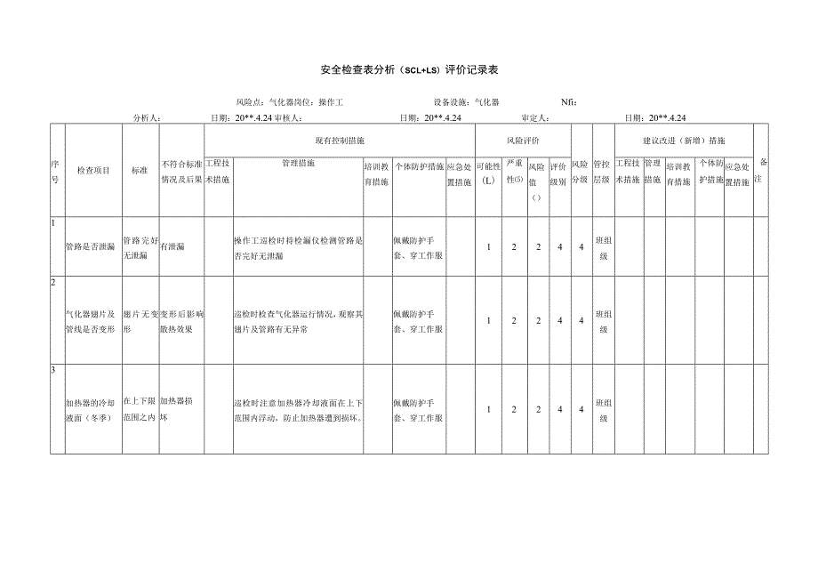 气化器安全检查表分析评价记录表.docx_第1页