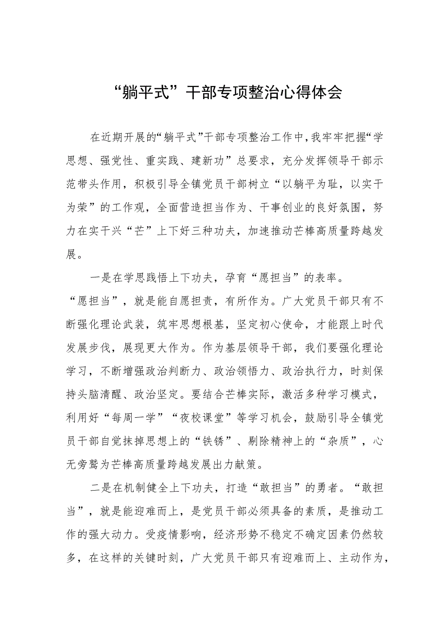 2023年关于“躺平式”干部专项整治的心得体会五篇.docx_第1页