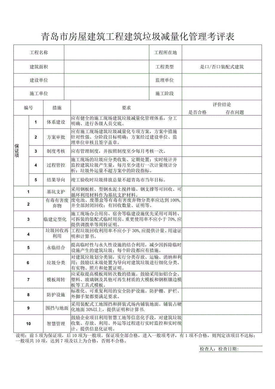 青岛市房屋建筑工程建筑垃圾减量化管理考评表.docx_第1页