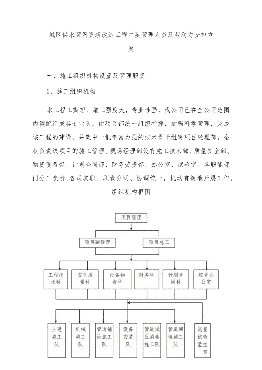 城区供水管网更新改造工程主要管理人员及劳动力安排方案.docx_第1页