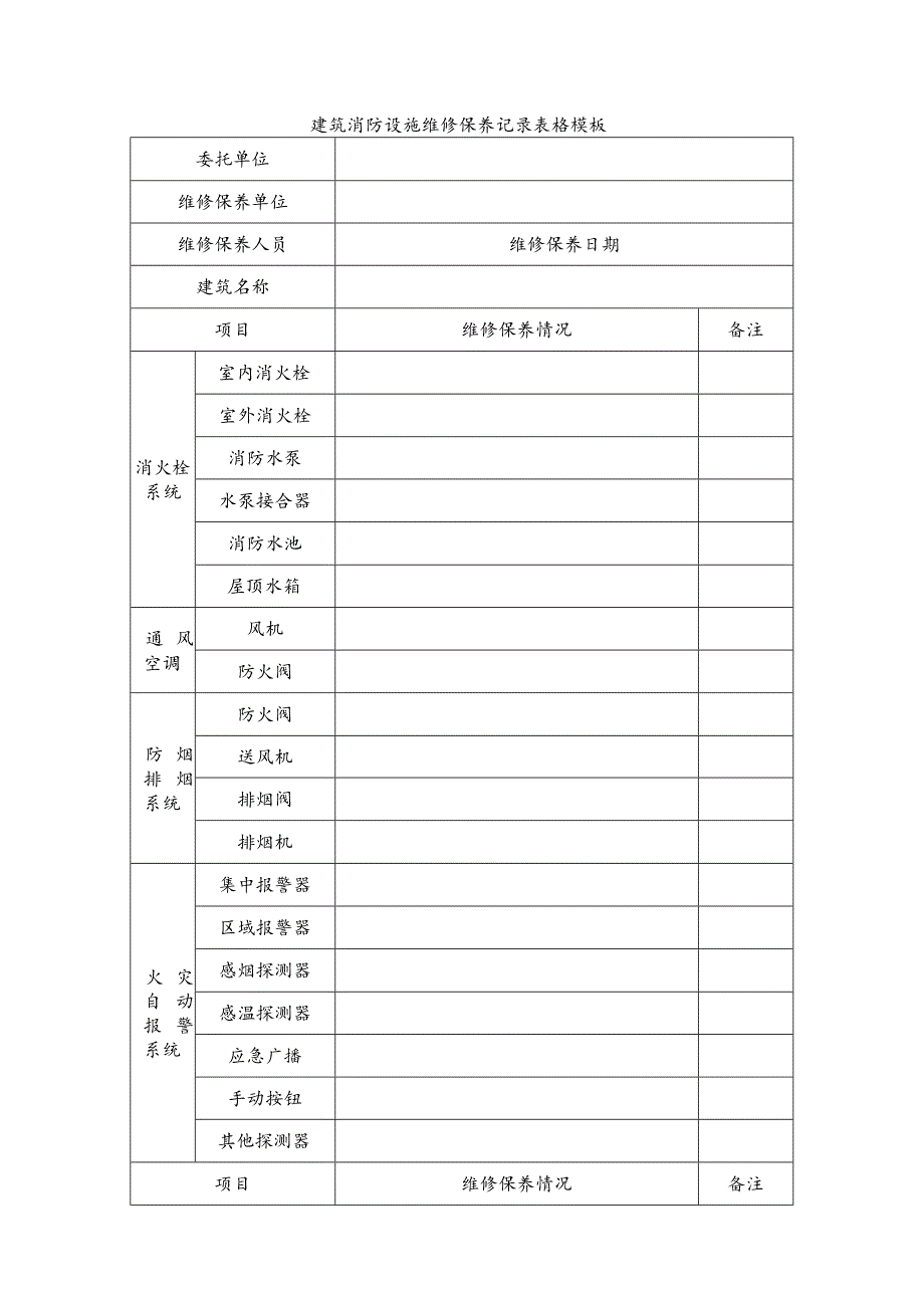 建筑消防设施维修保养记录表格模板.docx_第1页