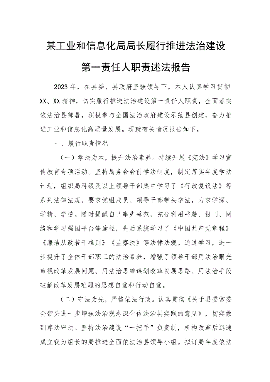 某工业和信息化局局长履行推进法治建设第一责任人职责述法报告.docx_第1页