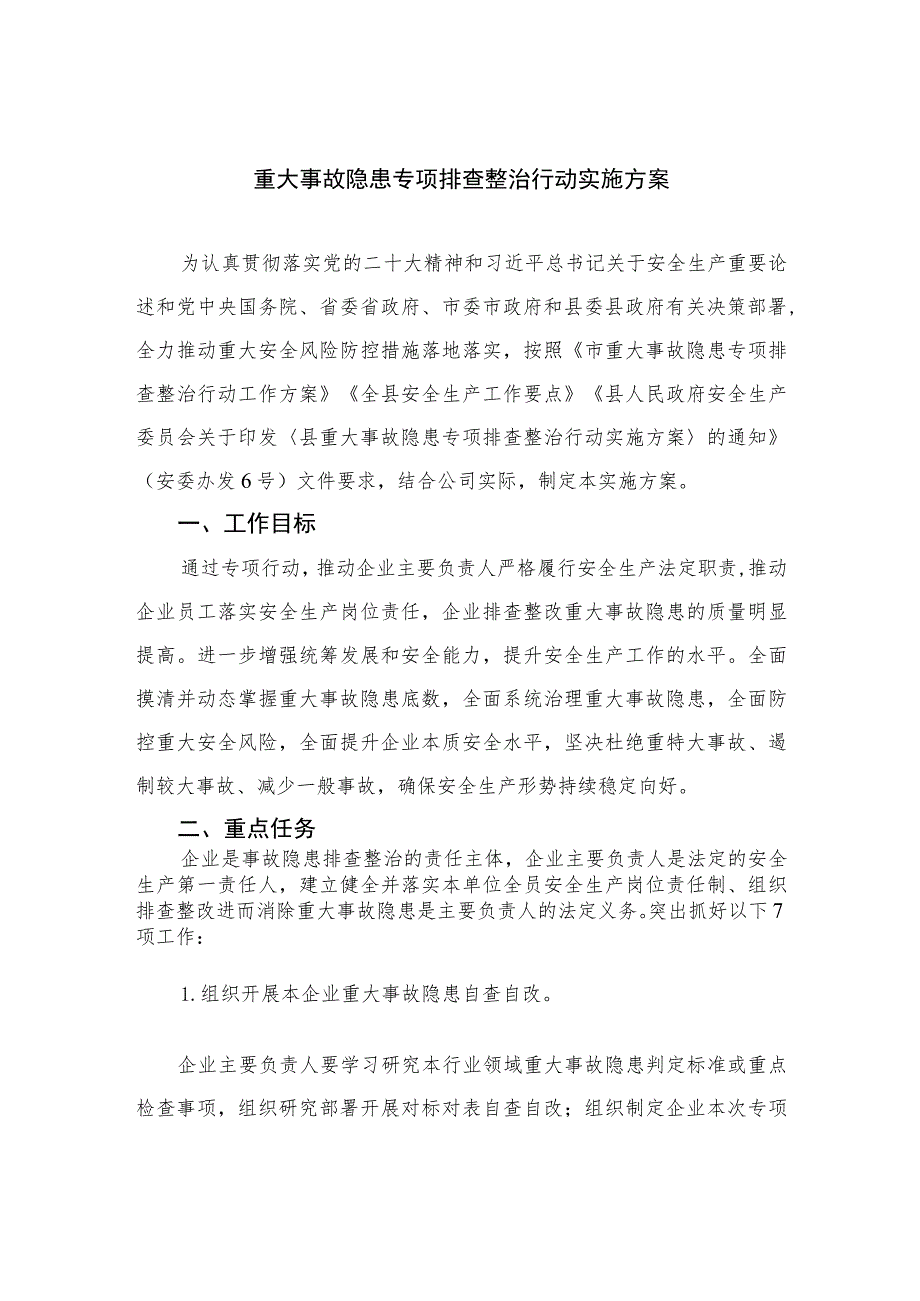 2023重大事故隐患专项排查整治行动实施方案最新精选版【15篇】.docx_第1页