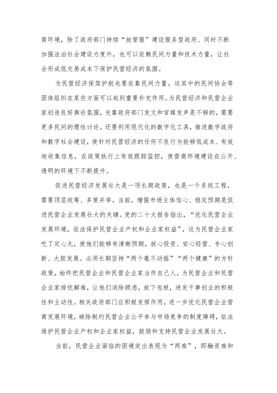 贯彻落实《关于促进民营经济发展壮大的意见》心得体会发言汇篇范文.docx_第2页